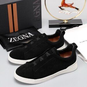 ZEGNA Triple Stitch Sneakers - Grey Suede with Blue Accent, Brand New with Box